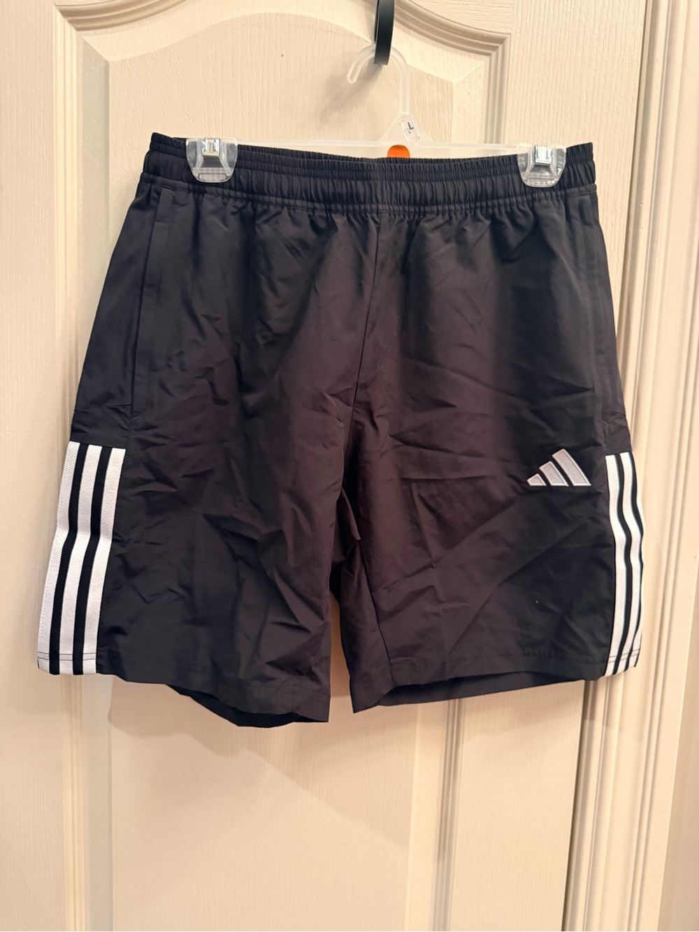 Adidas Men’s Black Athletic Shorts with White Three-Stripes. Size medium